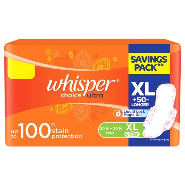 Whisper Choice Ultra XL Sanitary Napkins 20+20 pads